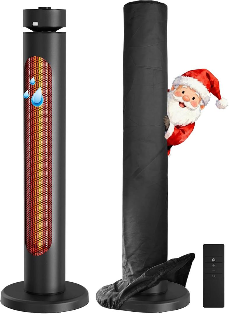 Portable Heater Outdoor Infrared 1500W 8 Heat Levels 8H Timers Carbon Fiber Tube Tip-Over&Overheat Protection IP45 Waterproof Electric Garden Heater, Deep Black