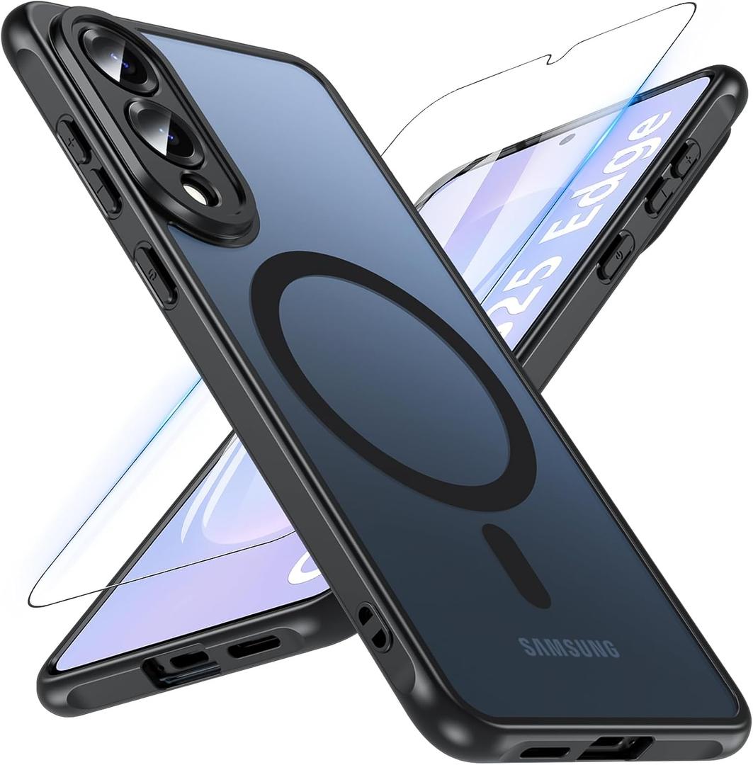 OWKEY for Samsung Galaxy S25 Edge Case 6.7'', Magnetic S25 Edge Case for Magsafe with Tempered Glass Screen, [Shockproof Military] Translucent Back Slim Bumper Cover Phone Case s25 Edge, Black