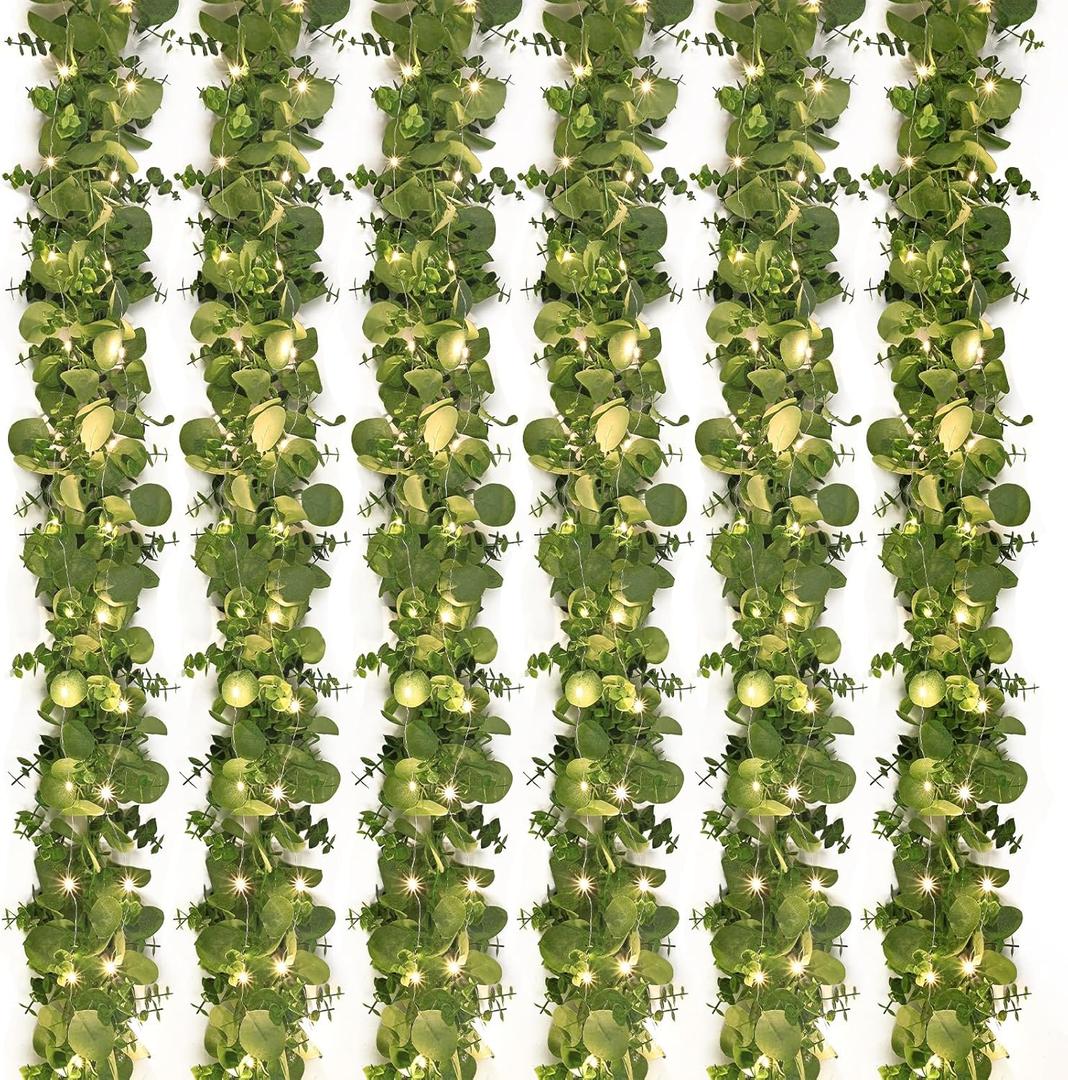 Dolicer 6 Packs 6FT Artificial Eucalyptus Garland with LED Light String, Faux Greenery Garland Hanging Fake Silver Dollar Eucalyptus Leaves Vines for Wedding Backdrop Arch Table Wall Party Home Decor (Grey Green With Light)