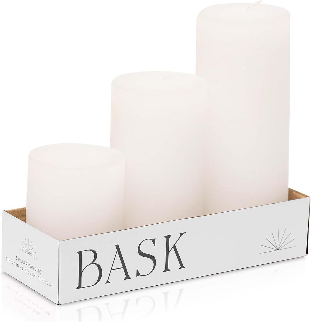 BASK Mottled Pillar Candles - Unscented White Pillar Candles Set of 3 - Dripless, Smokeless for All Occasions