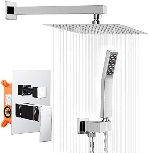 HGN 10 Inches Bathroom Luxury Rain Mixer Shower Combo Set, Wall Mounted Rainfall Shower Head System, Chrome Shower Faucet Rough-in Valve Body and Trim Included