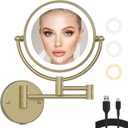 10X Magnifying Make up Mirror Wall Mounted with Light, Brass Bathroom Wall Makeup Mirror with Extension Arm, 3 Color Lighting & Ultra-Brightness, Touch Dimmable Rechargeable Satin Brushed Gold