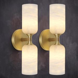 Alabaster Wall Sconces Set of Two, 14in Modern Spanish Natural Marble Bathroom Vanity Sconces, Brass Alabaster Sconce Wall Lighting, Gold Wall Light Fixtures Decor for Bedroom Living Room Staircases