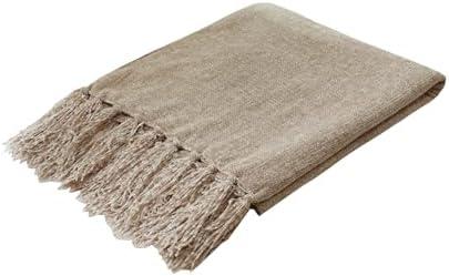 Yoenillo Light Taupe Chenille Throw Blanket for Couch Bed，Soft Cozy Throw Blanket with Handmade Fringe, Decorative Blanket for Sofa Chair Living Room for Gif 120x90