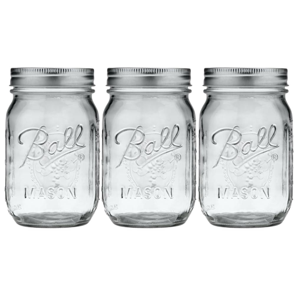 Ball Glass Mason Jar, Regular Mouth, Pint Size, 16 OZ (Pack of 3) (EXP 08/14/26)