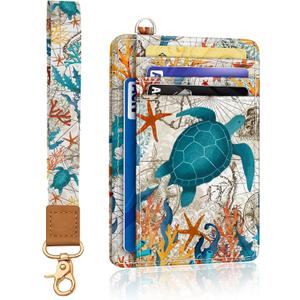 Sea Turtle Credit Card Holder Slim Wallet, RFID Wallet Women Front Pocket Wristlet Lanyard, Small Card Holder Travel Cute Thin ID Window PU Leather Funny Case Organizer Gifts Girls