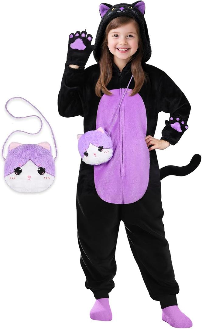 Joycover Black Cat Costume for Girls, Kids Hooded Cat Noir Onesie with Purse Bag, Girls Halloween Costumes for Kids (Medium (6-7y))