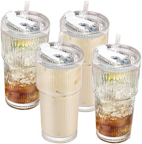 SevvyNaut 20 oz Glass Tumbler with Lid and Straw, 3 Pack Clear Ribbed Iced Coffee Cup, High Borosilicate Glass Tumbler, Reusable Vintage Glassware for Iced Coffee, Smoothies, Cocktails, and Juices