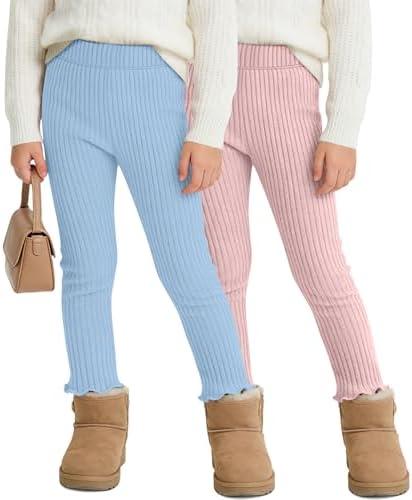 LessonZoo 2 Pack Girl's Ribbed Knit Leggings Cotton Blend Tights Ruffle Bottoms Trousers Fall Winter Clothes, Size: 4-5T