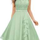 Miusol Women's Halter Neck Lace Ruffle Vintage Cocktail Party A-Line Bridesmaid Dress, Large