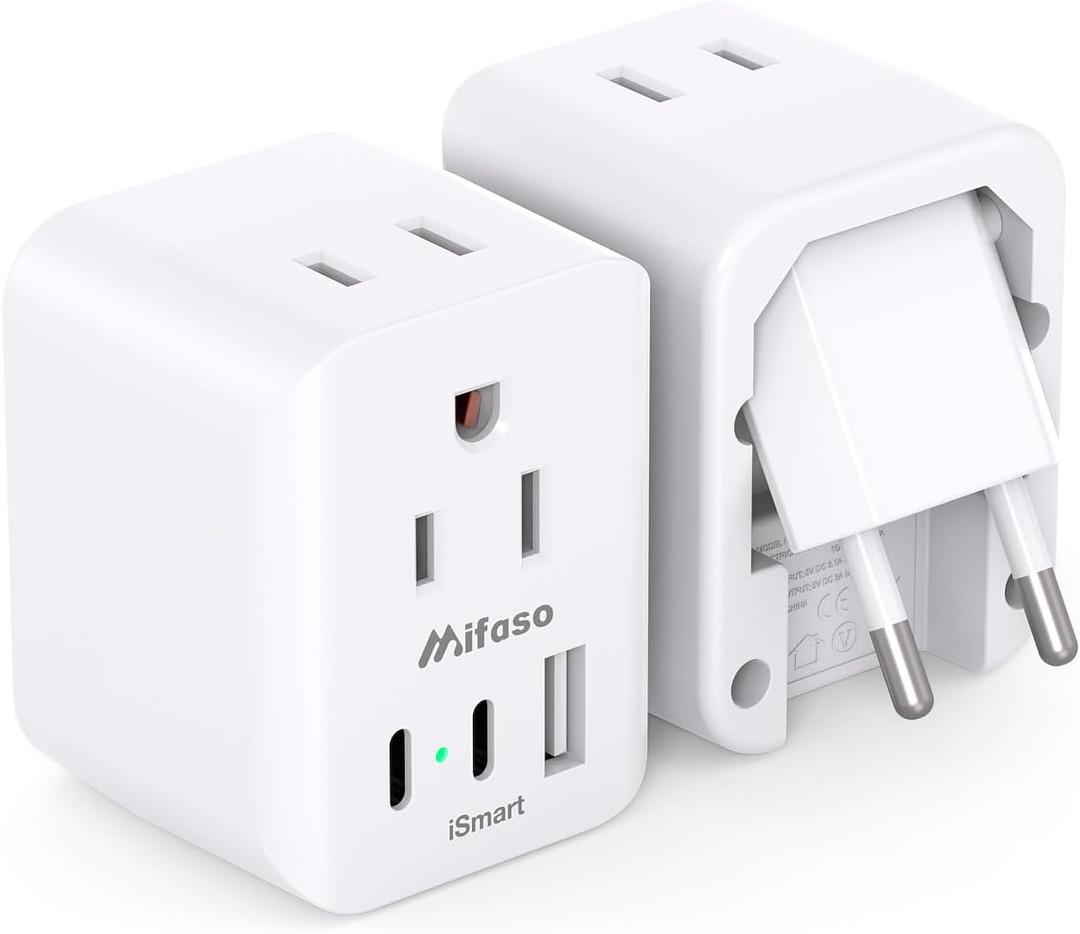 European Travel Plug Adapter, 2 Pack Foldable International Power Plug Adapter with 2 AC Outlets 3 USB Charging Ports(2 USB C), Travel Essentials
