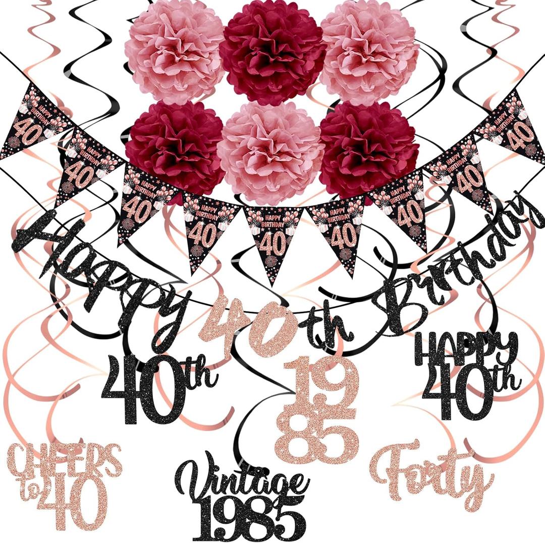 40th Birthday Decorations for Women, Black Rose Gold Happy 40th Birthday Banner Pompoms Sparkling Hanging Swirls Kit for 40th Birthday Party Forty Decoration Supplies