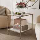 20" Square Sintered Stone End Table, Modern Marble Look Side Table with Open Storage Shelves, Accent Table with Antique Brass Gold Frame for Living Room, Bedroom, 19.69"D x 19.69"W x 24.02"H