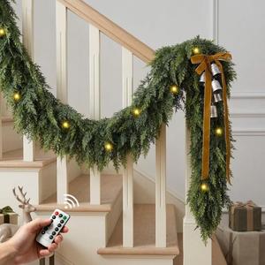 9FT 2Pcs Christmas Cedar Garland with Lights Realistic Faux Pine Garlands, 9FT Lighted