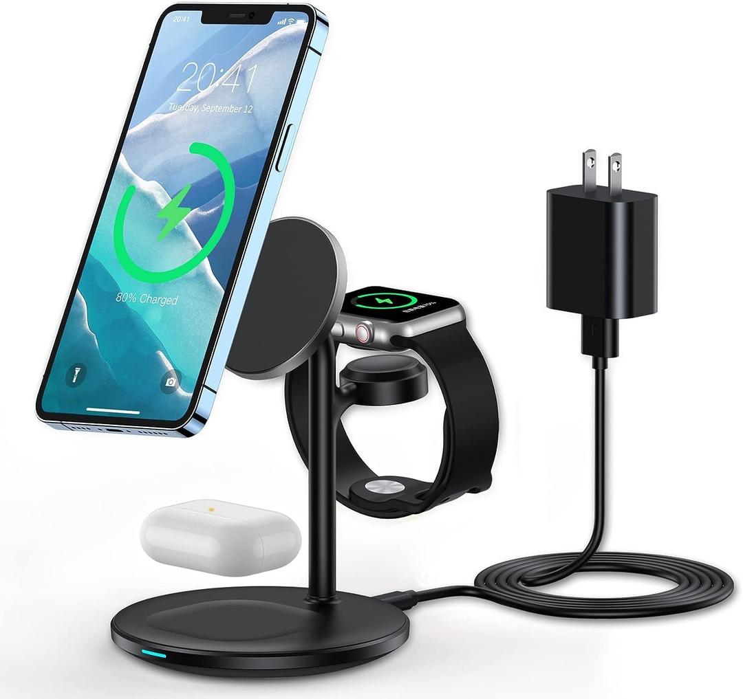 3 in 1 Wireless Charging Station for Apple Devices, Standard 15W Fast Wireless Mag-Safe Charger Stand with 20W Adapter for iPhone 15 14 13 12 Pro Max/Plus/Pro/Mini,iWatch Ultra 1,2 Series 9, AirPods (Black)