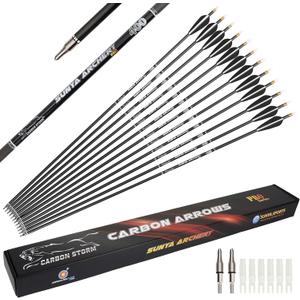 SUNYA 12-Pack 30 Inch Carbon Arrows Spine 500 or 400 for 40-60 LBS BowsSwitch to Recurve/Compound Modes, Anti-Loose O-Ring & TPU Vanes for Hunting/Target Practice