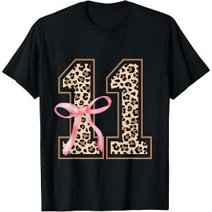 11th Birthday Girl Pink Coquette Bow Leopard 11 Year Old TShirt,S