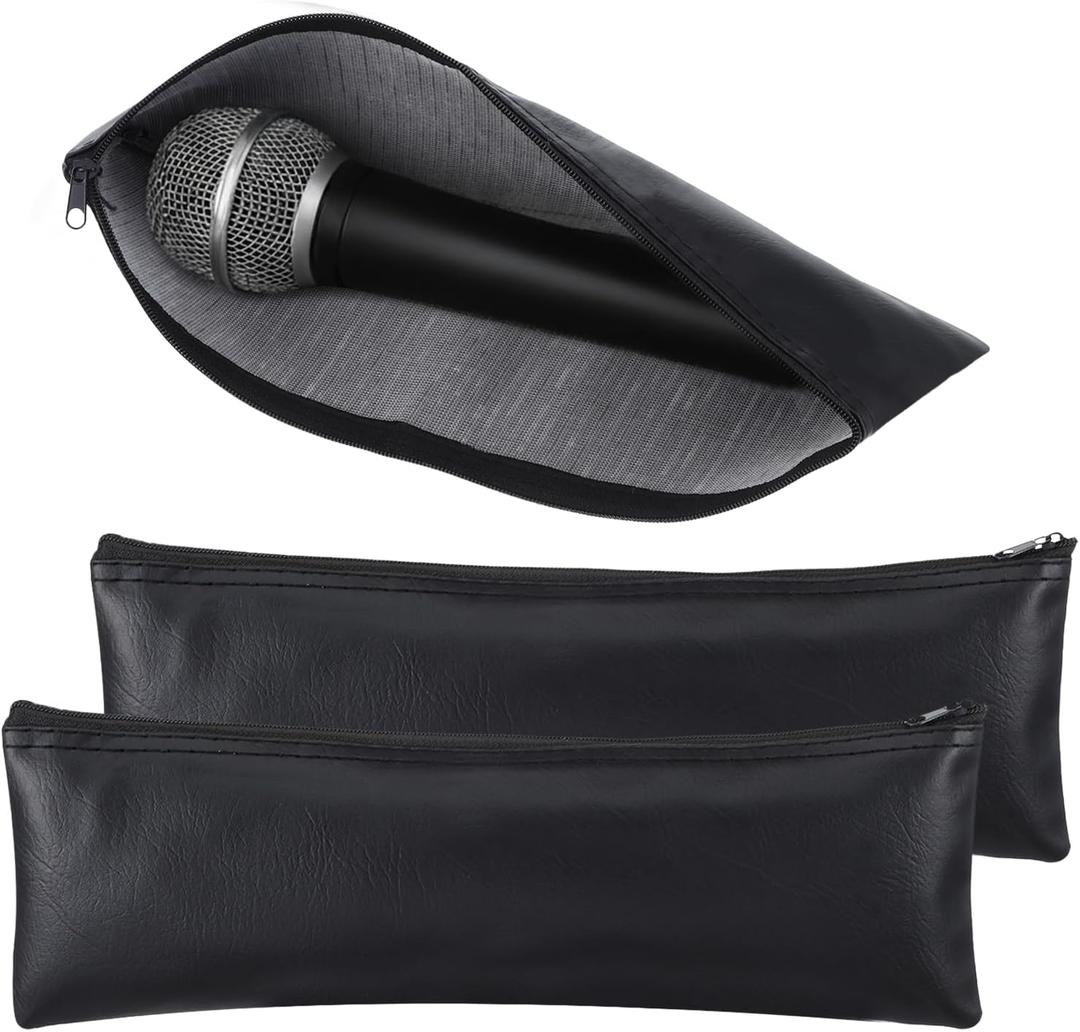 2 Pack Microphone Bags, Black Microphone Case for Wireless Mic Protector Mic Storage Bag Black Zipper Storage Pouch 11.8" x 4.72" Case for Carrying Portable PU Leather Pouches