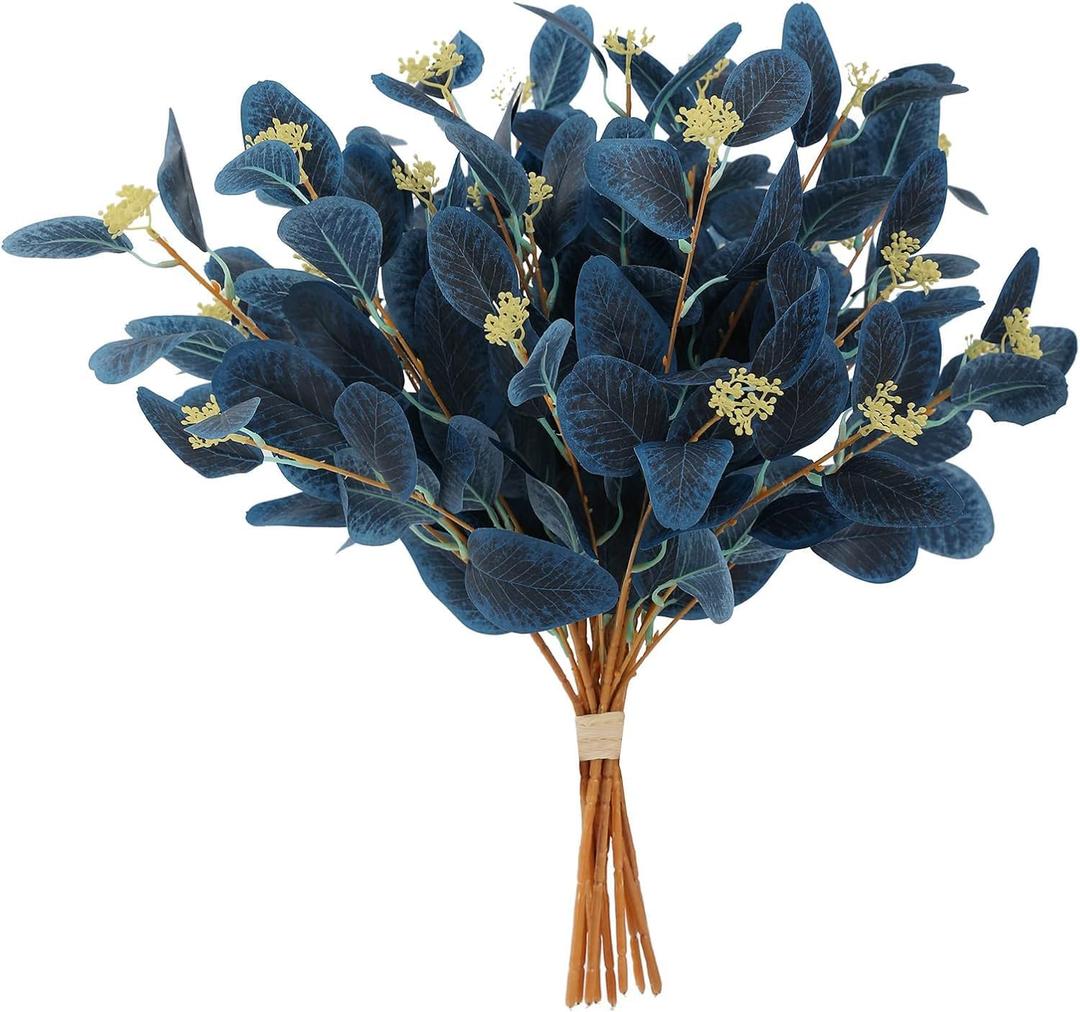 20" Silk Artificial Eucalyptus Stems, 12Pcs Fake Eucalyptus Stem with Leaves Berries, Greenery Plants Floral Decorations for Wedding Party Flower Arrangement Home Decor (Navy Blue)