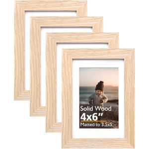 4 x KINLINK 4x6 Frame Natural, Solid Wood 4 x 6 Picture Frame with Acrylic Plexiglass for 3.5x5 with Mat, Tabletop and Wall Display Photo Frames 4x6 Natural, 4 Pack