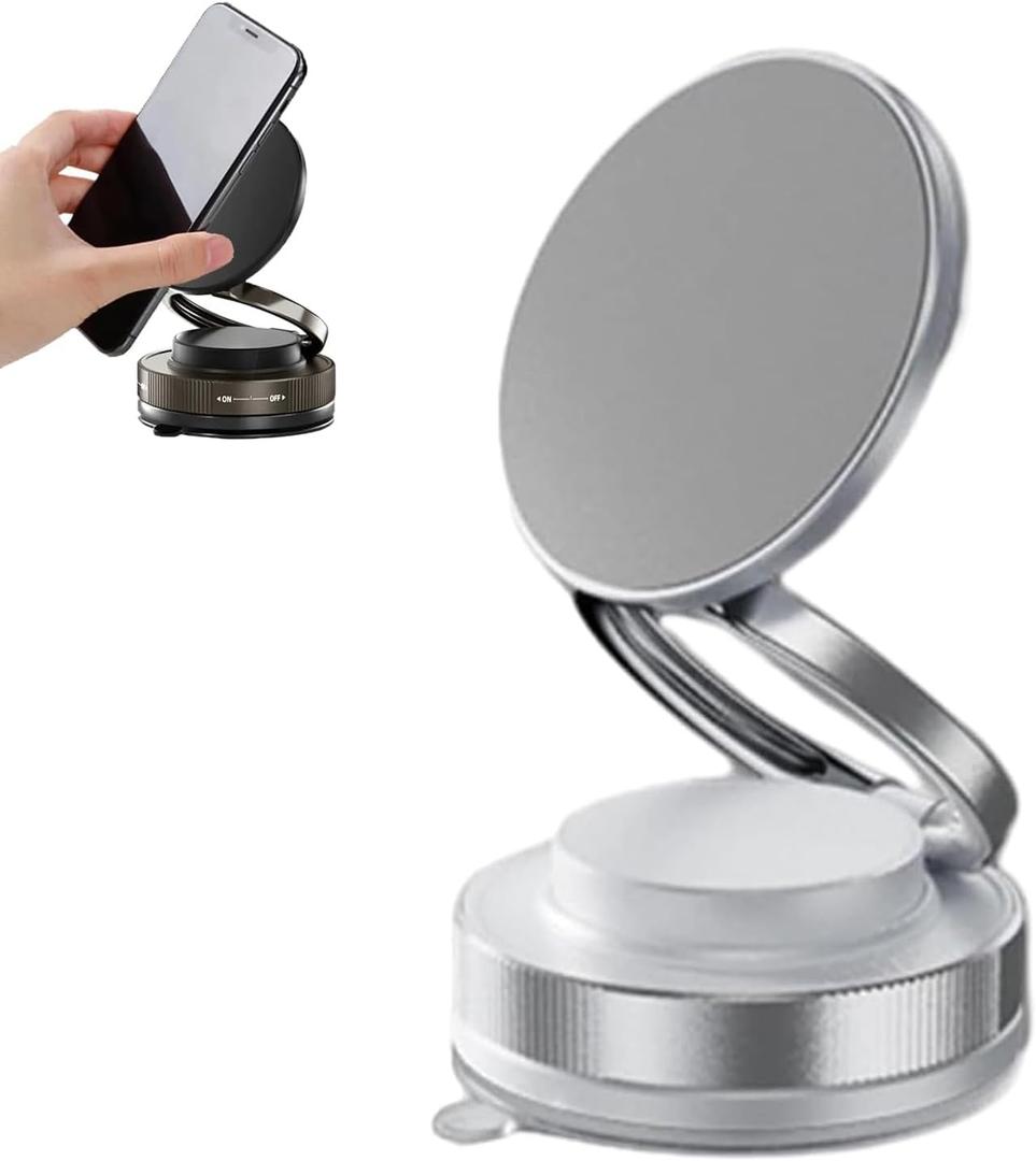 Phone Holders for Your Car, Ultra Vacuum Suction Cup Mount, 360 Adjustable Vacuum Magnetic Phone Holder, Rotatable, Foldable, Super Strong Suction for All Smooth Surface (Silver-White)
