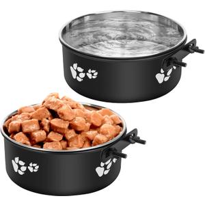 Kennel Water Bowls No Spill, 2pack Stainless Steel Dog Food & Water Bowls for Kennel Cage Crate, Hanging Pet Bowls for Small and Large Dogs, Cats...(7.1 * 2.8& 6.3 * 2.6) (black)