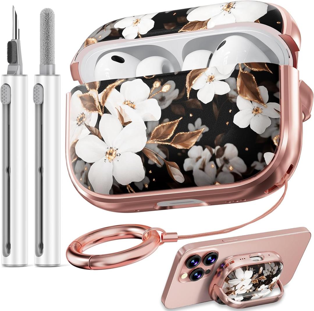 Inesore for AirPods Pro 3 Case 2025 with Lock, for Women Girly Floral Cute Case Compatible with Apple Airpods Pro 3rd Generation Cover, with Phone Stand, Keychain & Cleaner Kit -Black Gold Flower