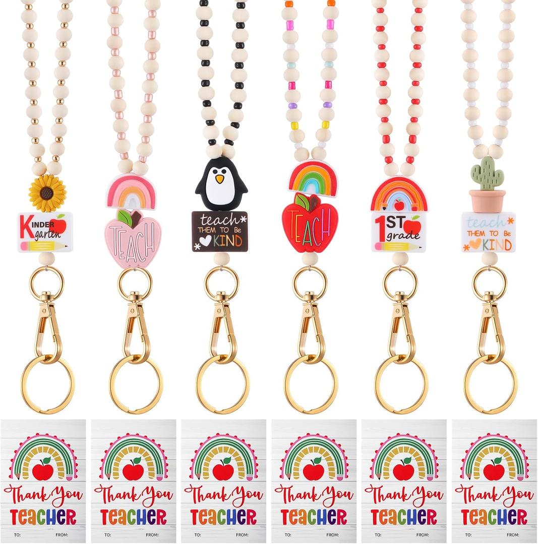 6 Pcs Teacher Lanyards for ID Badges Gift with 6 Pcs Teacher Thank You Appreciation Cards Bulk Wooden Beaded Lanyard for ID Badge Holder and Keys Cute Back to School Office Appreciation Gift
