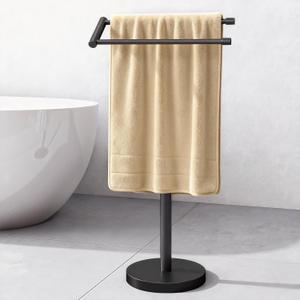 YUMORE Standing Towel Rack T Shape Tall Bath Towel Holder, Modern Towel Drying Holder Stand Floor Towel Rack Stand with Heavy Base, Upgrade Steady Design for Bathroom, Swimming Pool, Matte Black
