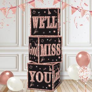 Kircirx 3pcs Going Away Party Decorations Boxes for Women, Black Rose Gold Farewell Decorations Party Supplies Good Luck We Will Miss You Retirement Goodbye Cardboard Box Gifts