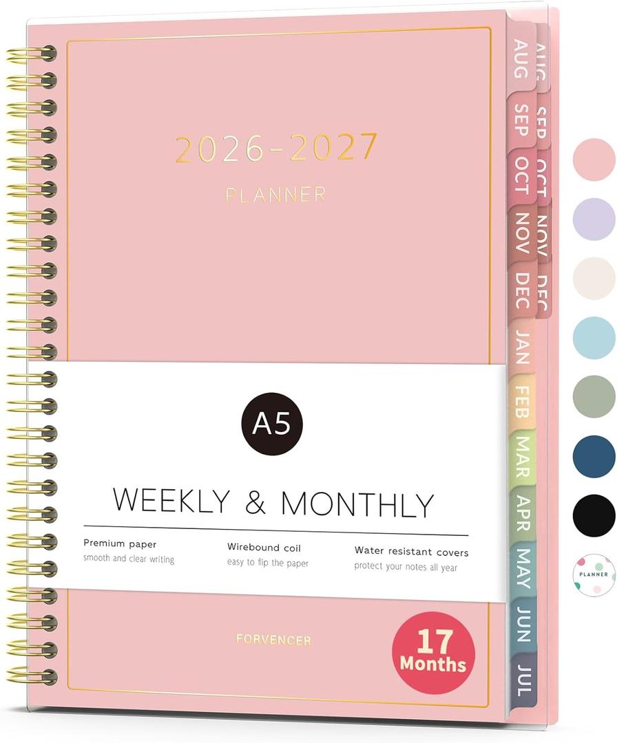 Aug 2026 - Dec 2027 Planner, Forvencer 17 Month Academic Planner 2026-2027, 6.3" x 8.4", Calendar Planner Weekly and Monthly, Daily Agenda Book, College School Supplies for Student Teacher, A5, Pink