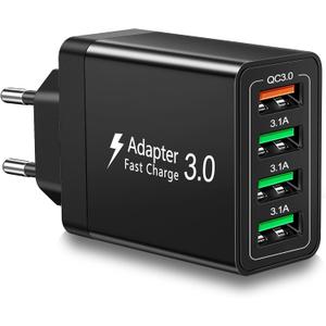 European USB Charger, European Travel Plug Adapter 40W 4 Port Europe USB Charger Quick Charge 3.0 EU Plug Adapter for iPhone 17 16 15 14 13 12 11 Plus Pro Max X 8, Galaxy, LG, Pixel, Android (Black)
