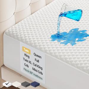 OhGeni 100% Waterproof Mattress Protector, Twin Size Mattress Pad, Fits 6"-20" Mattresses with Deep Pocket, Cooling, Breathable Fitted Sheets, Soft Bed Cover, Noiseless, Machine Washable (White)