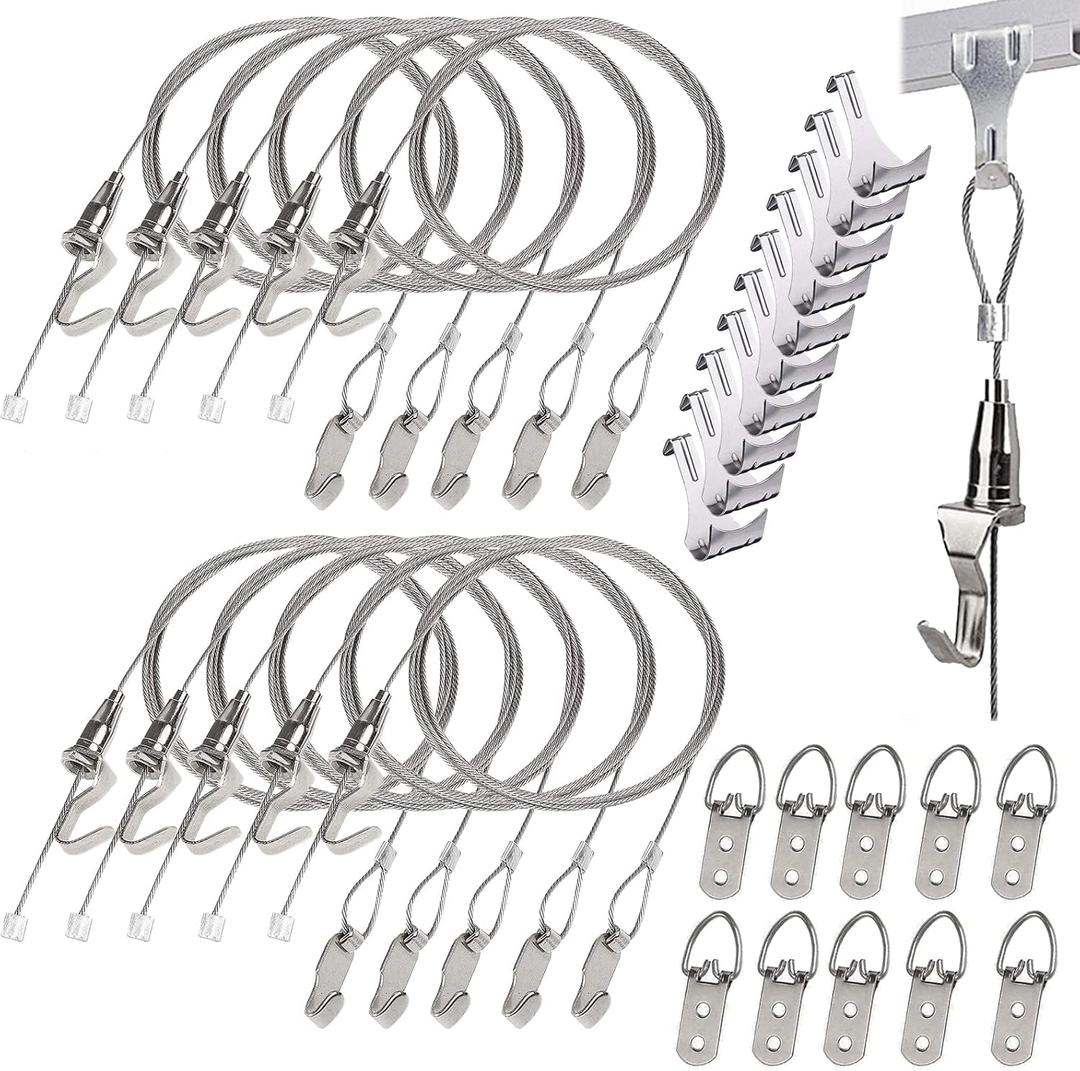 SPROUTER 10 Pack - Picture Rail Hanging System, Silver Molding Hooks and Cables