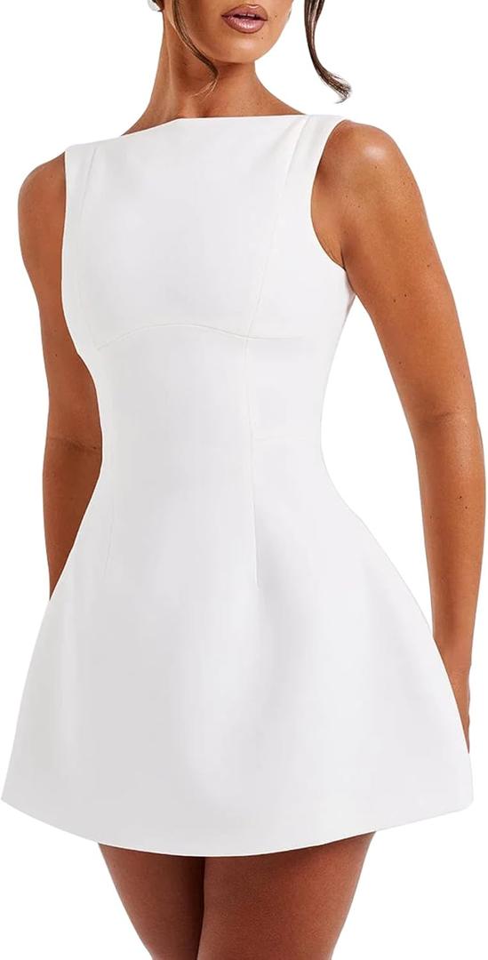 LuFeng Women's Summer Sexy Sleeveless Zipper Mock Neck Slim Fit A-line Mini Dress Bodycon Party Club Dress for Women (White), Size: Large
