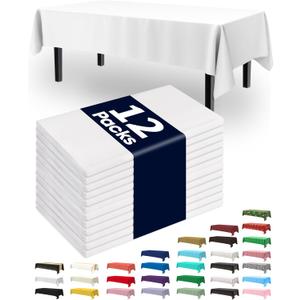 Pureegg Plastic Table Cloth Disposable 12 Pack, 54 x 108 Inch Table Cloths, Party, Picnic, Wedding, Decorative Tablecloths, Rectangle, White Plastic Cover, Leakproof & Sturdy, White