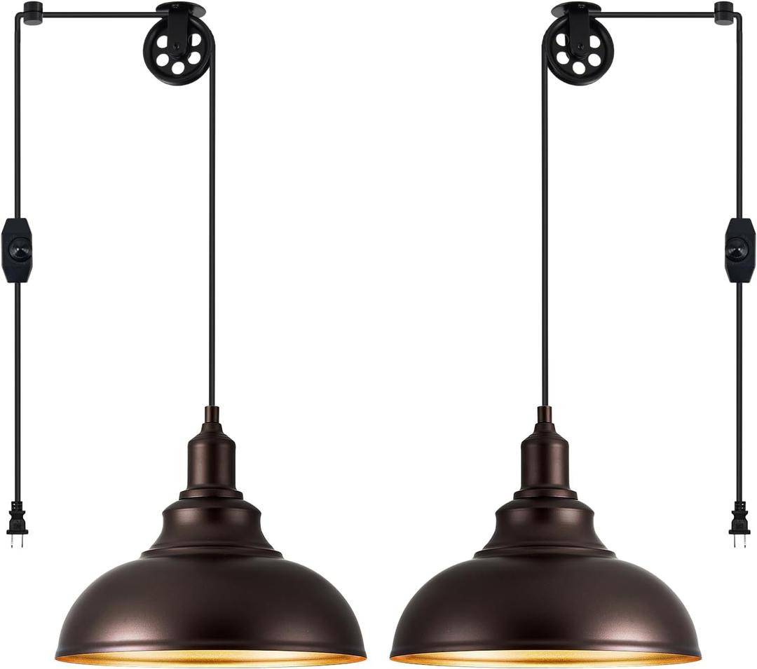 Oil Rubbed Bronze Pendant Light Hanging Lamps for Living Room Plug in 15FT Dimmable Switch Adjustable Pulley Hanging Lights with Cord for Kitchen Bedroom 2 Pack