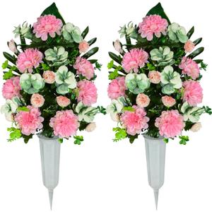 Artificial Cemetery Flowers, Artificial Bulbous Chrysanthemum Flowers Bouquet with Vase for Cemetery Grave Decoration, Set of 2 (Pink)