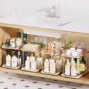 Delamu 2 Tier Bathroom Under Sink Organizers and Storage with Hook, Multi-Purpose Cabinet Drawers with Movable Dividers, Pull Out Organization for Countertop, Kitchen and Pantry(Wood Grain, 4 Pack)