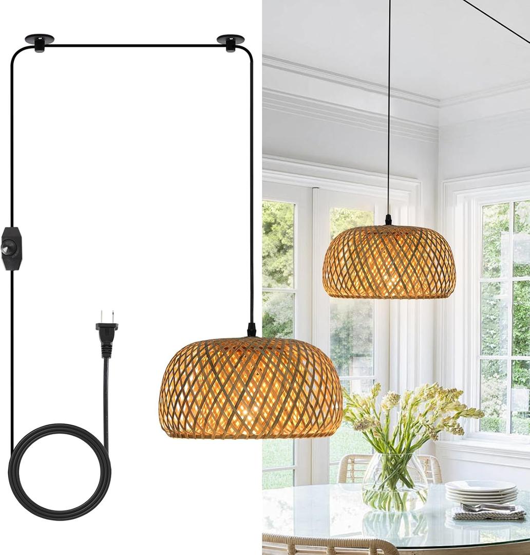 HuisMier Dimmable Plug in Pendant Light Rattan Hanging Lights with 15 Ft Plug in Cord, Handmade Bamboo Lampshade Boho Hanging Light Fixture for Kitchen Island Dining Room Bedroom