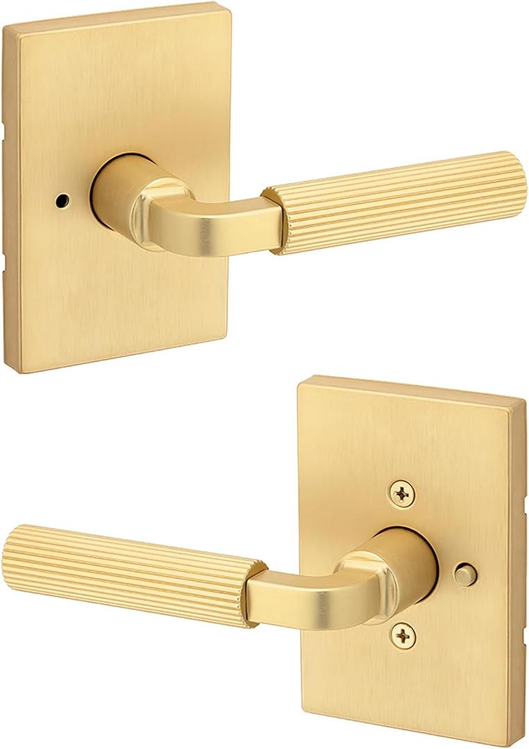 Kwikset Mirada Reeded Interior Privacy Door Handle with Lock, Handle for Bathroom and Bedroom, Satin Brass, Reversible Keyless Push Button Lock, with Microban Protection (Rectangle)