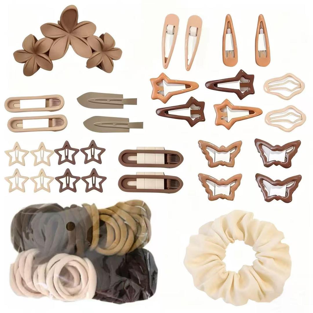 80 Pcs Brown Hair Accessories Set for Women, Includes 1 Claw Clip, 28 Hair Clips Star Hair Clips, 1 Scrunchie, 50 No Damage Hair Ties, All-in-One Hair Bands Elastics Claws Kit for Daily Use