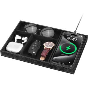 Valet Tray with Wireless Charger, Nightstand Organizer for Men, EDC Catchall Tray for Keys, Watch, Wallet, Jewellery, Premium Vegan Leather, Bedside Caddy, Stylish and Organized, PU Black