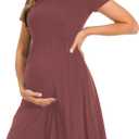 Bearsland Womens Long Sleeve Maternity Dresses Patchwork Pregnancy Dress with Pocket (X-Large, Coppery Brown)