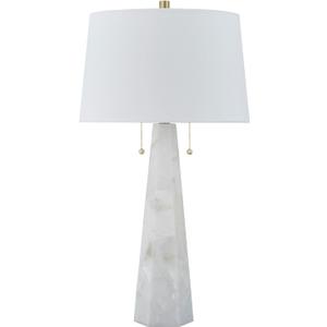 Signature Design by Ashley Laurellen Contemporary Table Lamp with 2 Sockets and Pull Chain Switch, Fabric Shade, Resin and Alabaster, 23.25" High, White