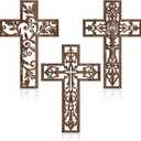 Yookeer 3 Pcs Wooden Wall Hanging Cross Handmade Antique Cross Hanging Decor Religious Brown Wooden Home Decorations Hand Carved Wall Decor for Living Room Nursery Wedding