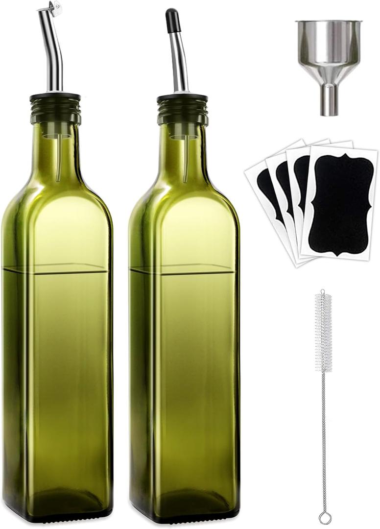 2 Pcs Green Glass Olive Oil Dispenser and Vinegar Dispenser Set with 2 Stainless Steel Pourers, 4 Labels, 1 Brush, 1 Funnel (500ml) for Kitchen, Cooking, Salad Dressing, Barbecue, Mixing