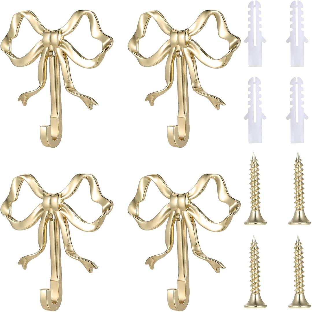 4pcs Large Size Gold Bow Knot Hooks Gold Coat Hook Bow Wall Door Hanger Bowknot Hook Metal Bows Hooks for Wall Towel-Hook Coat Hanger Decorative Holder for Wedding Bathroom Living Room Kitchen Decor