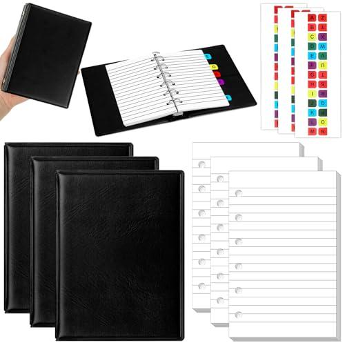 Engrowtic 3 Set Mini 6 Ring Binder 3 x 5 Inch 300 Paper Refill 78 Alphabet Dividers Small Index Tabs 3 Black PU Leather Binder Professional Ring Planner Notebook Kit(Lined)