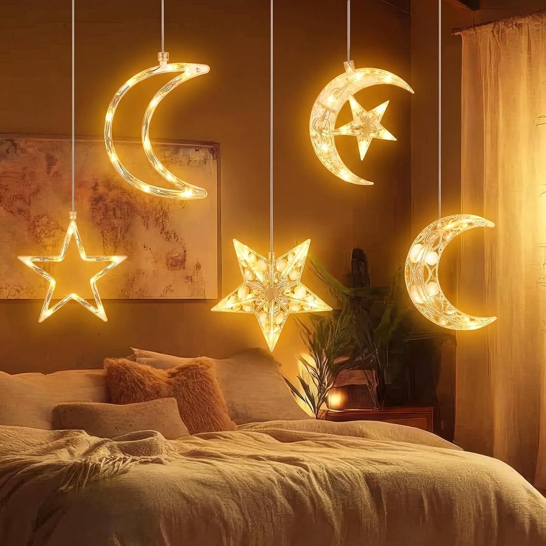 Tujoe 5 Pcs Ramadan Decorations Lights Eid Mubarak Moon Star Window Light LED Battery Powered Islam Window Silhouette Light Islamic Muslim Ramadan Hanging Decor for Wall Home Baby Room Outdoor Patio